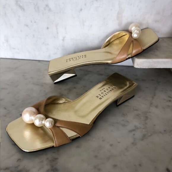 CHRISTIAN LACROIX Faux Pearl Gold Triangle Heel Tan Slide Sandal 5.5 - Picture 1 of 17